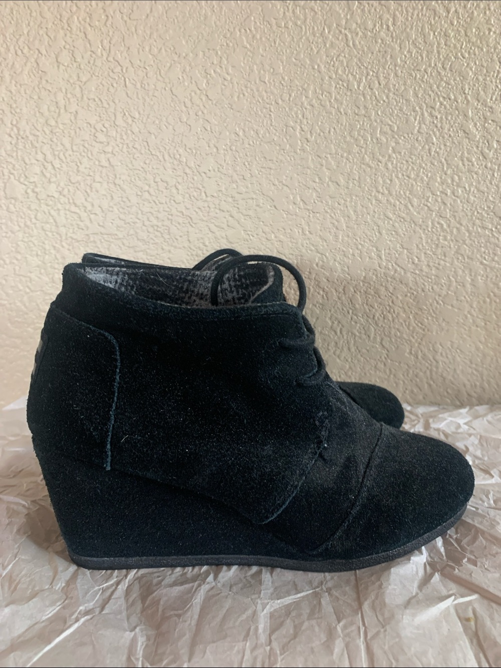 TOMS Black Suede Wedge Booties